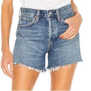 AGOLDE Parker Long Shorts High Rise Button Fly Raw Hem Jean Short in Skywave